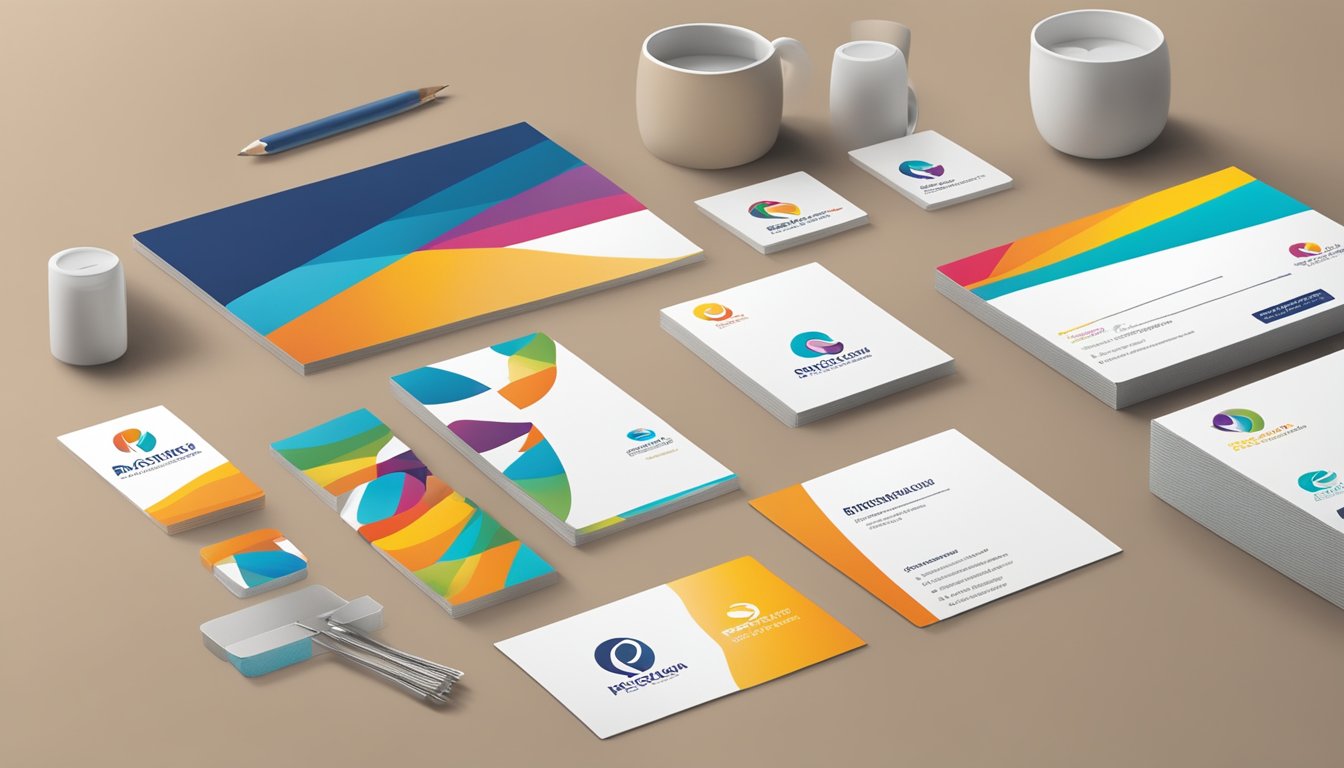 A colorful logo displayed prominently on various marketing materials, including business cards, letterheads, and packaging, all following the brand guide's specific color palette and typography