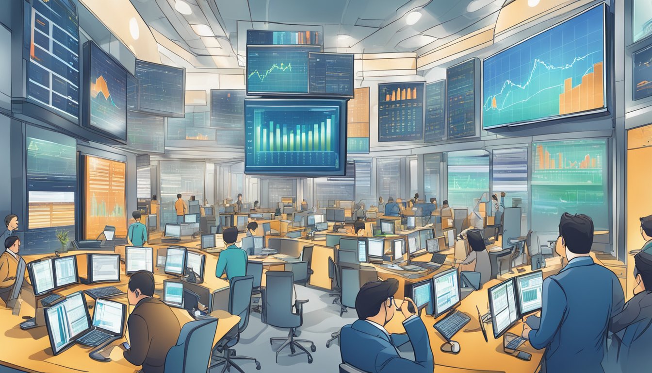 A bustling stock market with fluctuating graphs and charts, indicating the dynamics and future outlook of Naked Brand stock