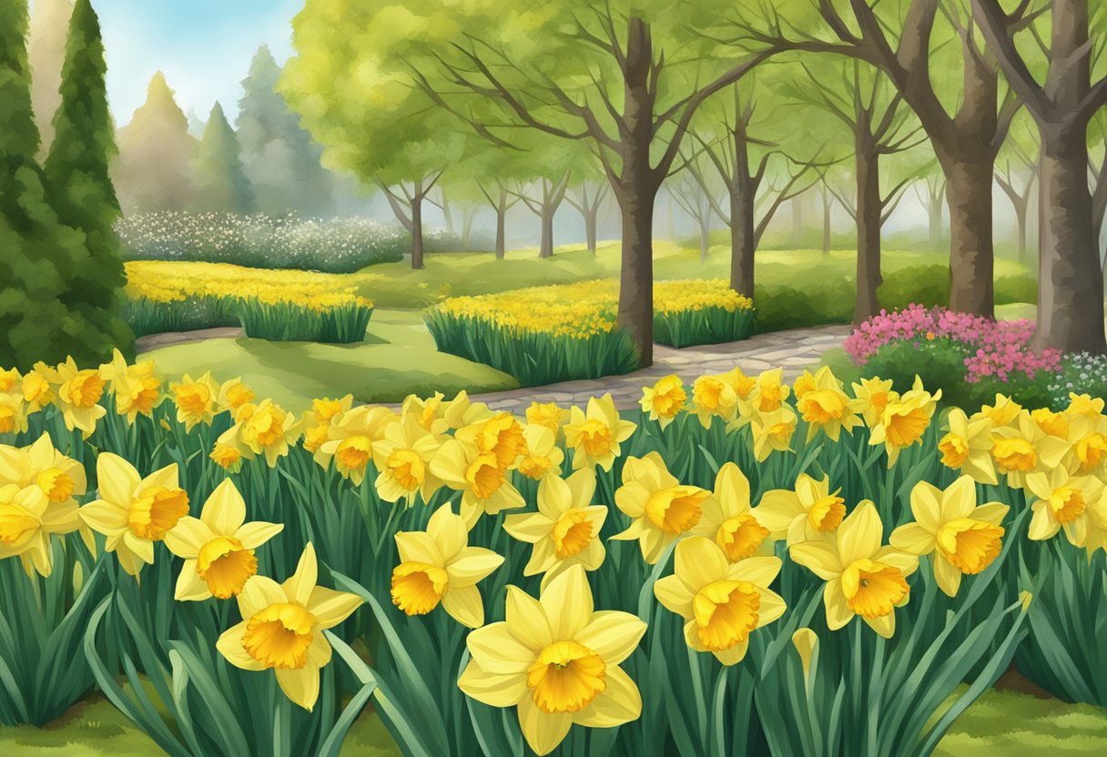 Bright yellow daffodils spell out their name in a garden