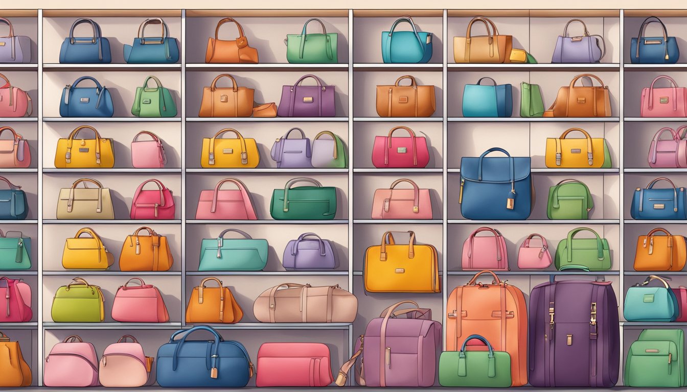 A display of colorful Korean bag brands arranged on shelves in a modern boutique setting