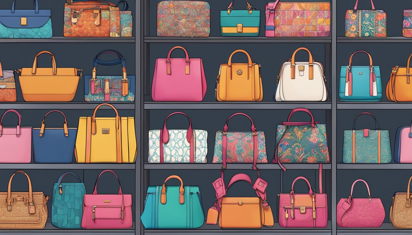 A display of vibrant Korean bag brands, lined up on shelves, showcasing various styles and designs, with colorful patterns and intricate details