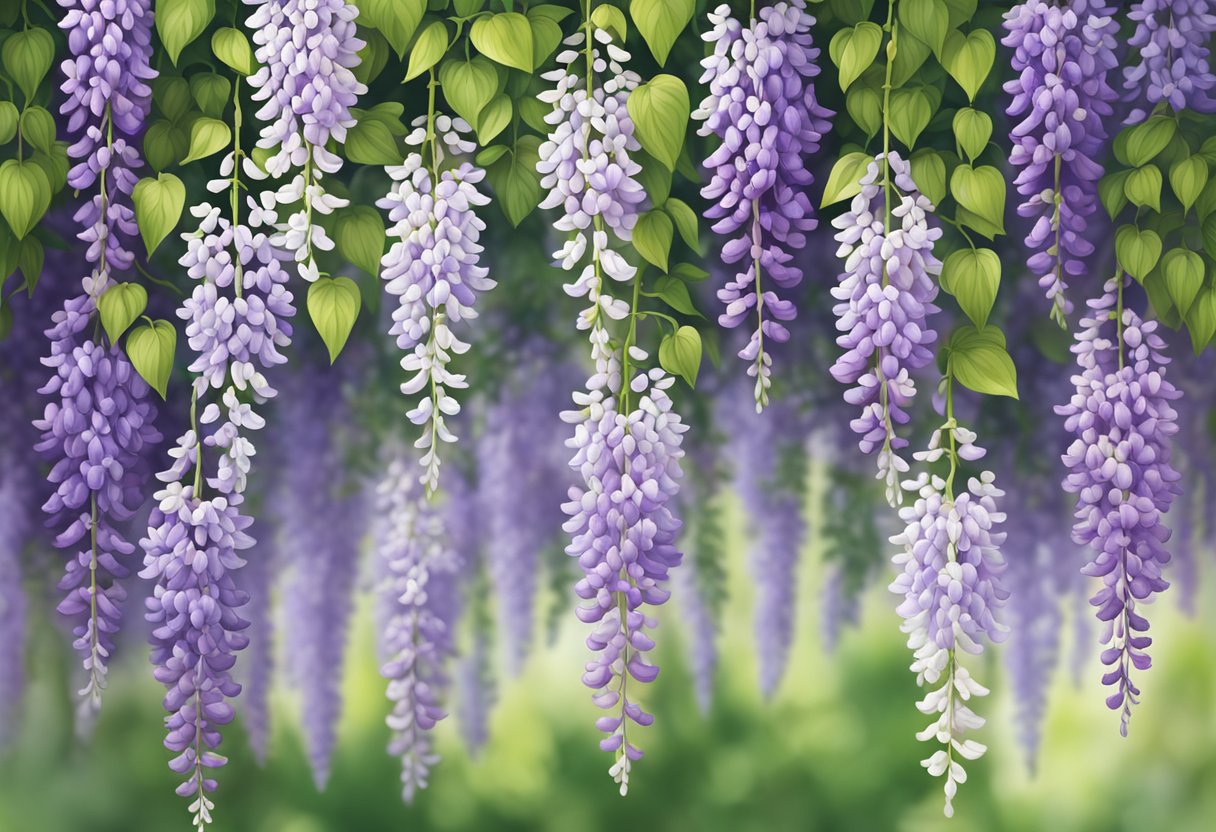 Wisteria blooms cascade down a trellis, vibrant and fragrant, lasting for several weeks in the spring
