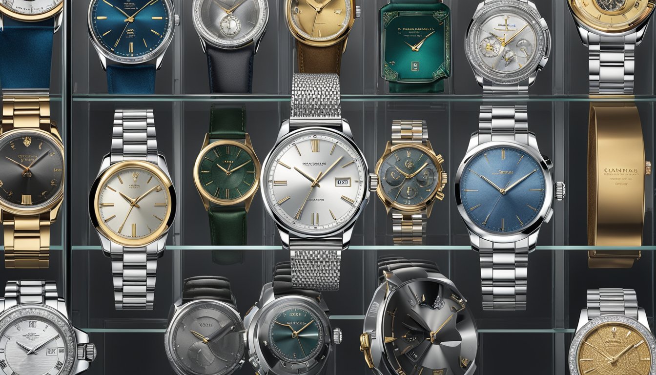 A display of luxury watch brands gleaming under soft spotlight, arranged in a sleek glass case with velvet lining, showcasing intricate designs and impeccable craftsmanship
