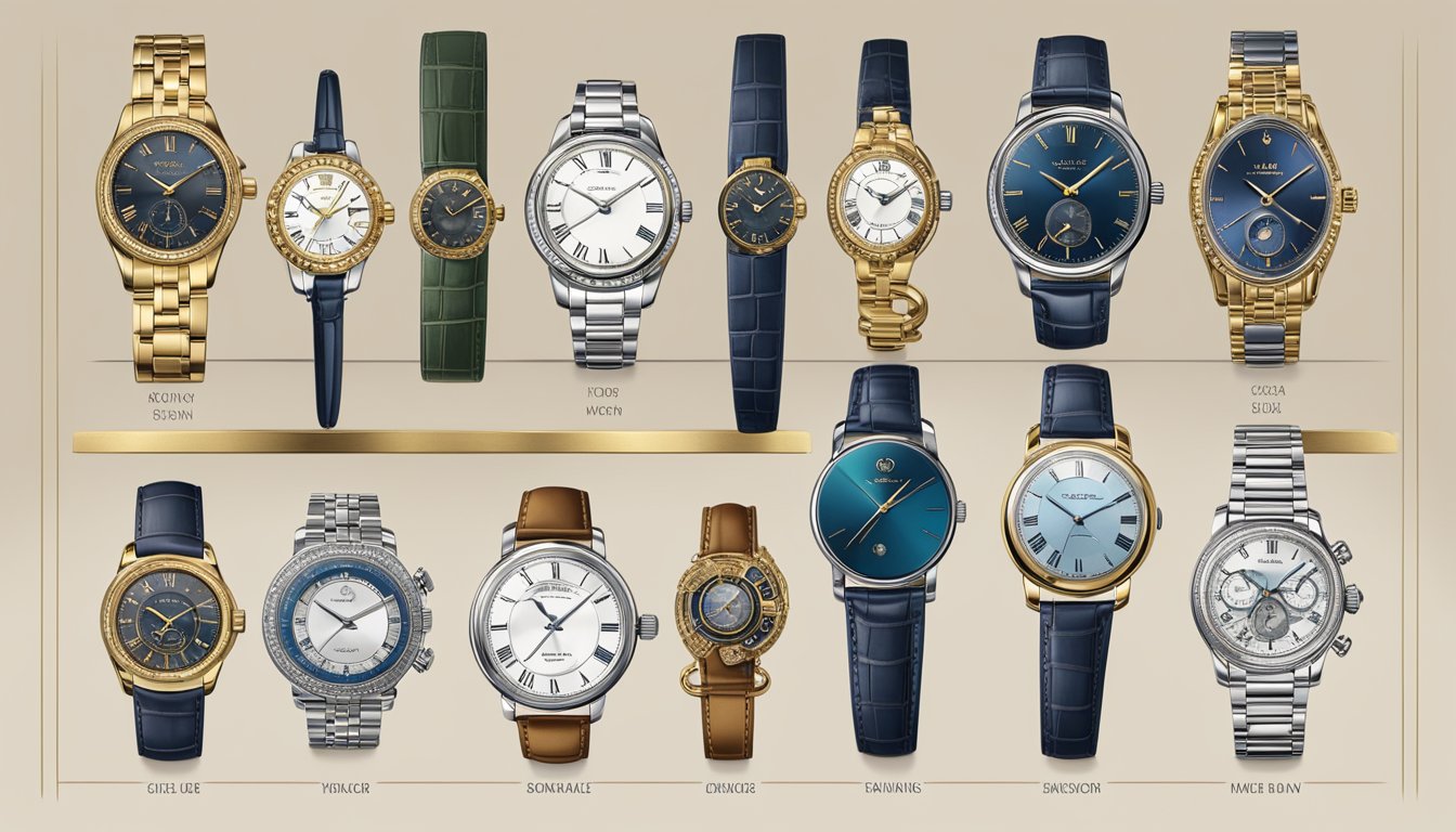 A timeline of iconic luxury watch brands, from their inception to modern-day, displayed on a grand, ornate backdrop