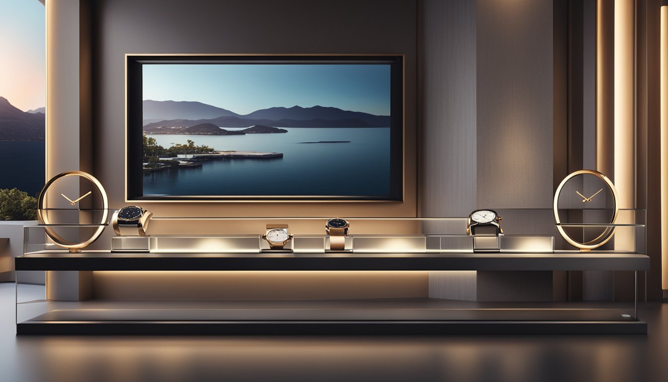 A sleek, modern watch display in a luxurious setting, with elegant lighting and minimalist design elements