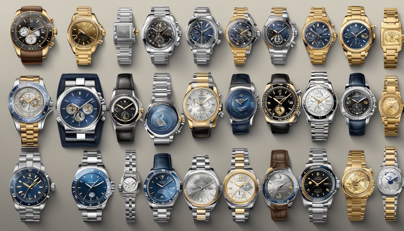 A display of top luxury watch brands' iconic logos and signatures