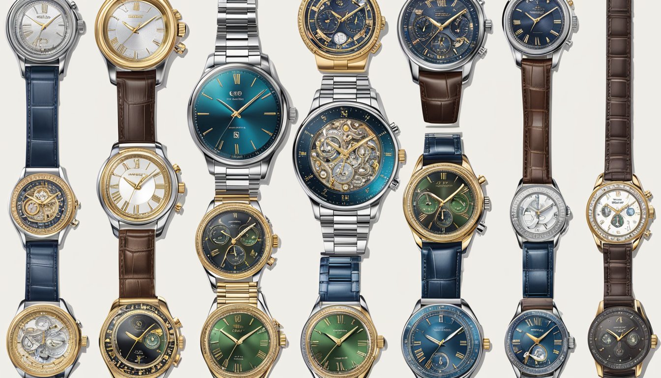 A display case showcases luxury watch brands, each gleaming with intricate details and high-quality craftsmanship