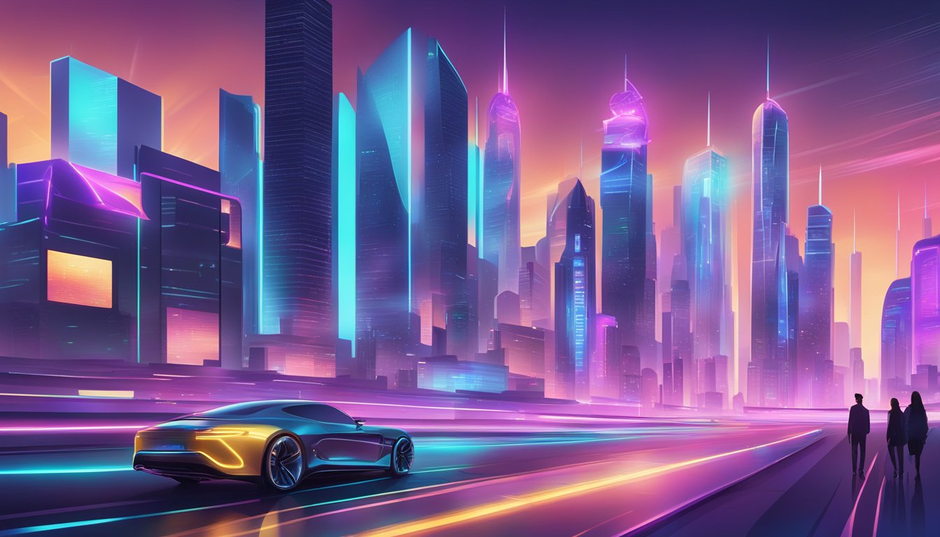 A sleek, futuristic cityscape with holographic billboards showcasing luxury watch brands. The skyline is illuminated with neon lights, reflecting off sleek, modern buildings