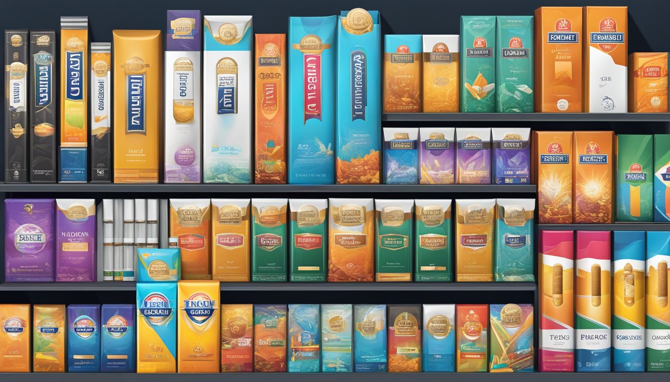 Various cigarette brands displayed on shelves with colorful packaging and logos