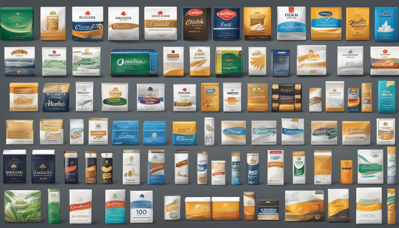 A display of top cigarette brands arranged by market share. Logos and packaging prominent