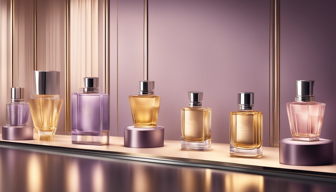 A display of perfume bottles arranged on a sleek, modern shelf, with soft lighting highlighting the elegant branding and luxurious packaging