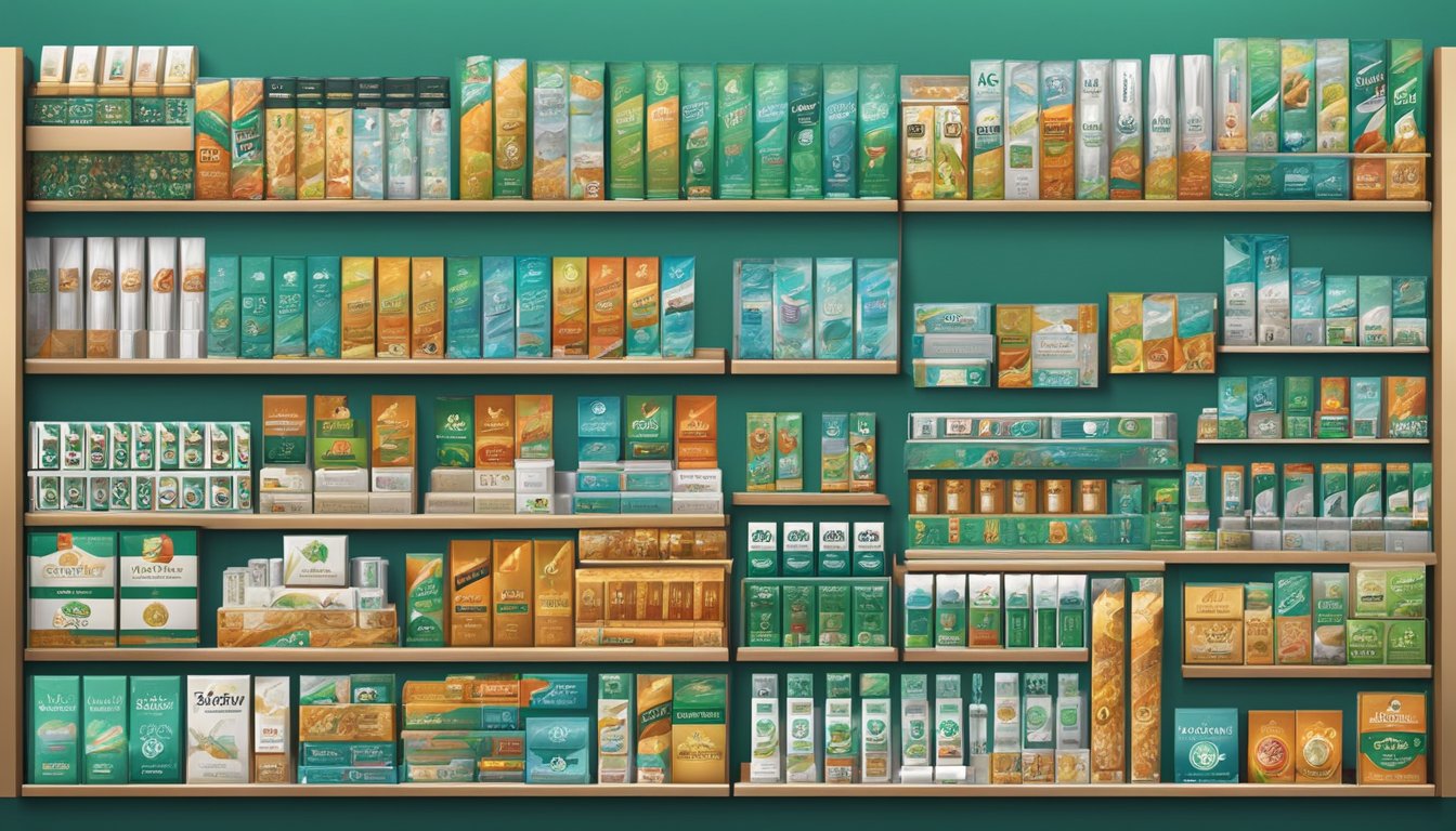 Various cigarette brands displayed on shelves, each with unique packaging and logos. Specialized sections for menthol, lights, and regular cigarettes