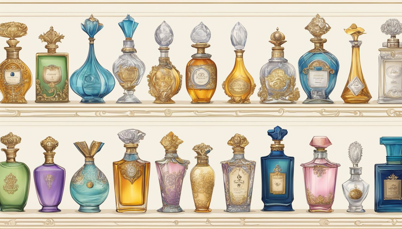 A timeline of perfume bottles from ancient to modern, showcasing the evolution of iconic perfume brands