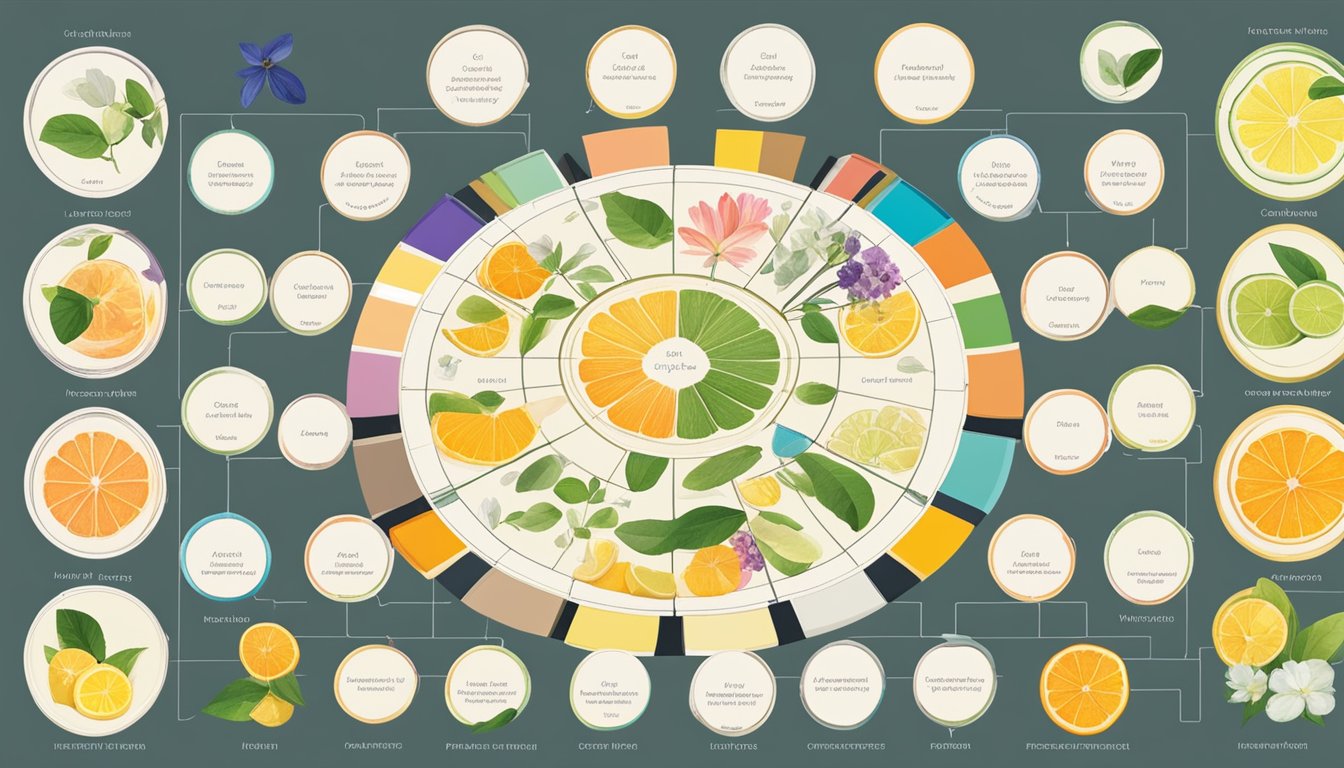 A colorful palette of various fragrance notes, such as citrus, floral, and woody, arranged in a circular diagram with corresponding labels