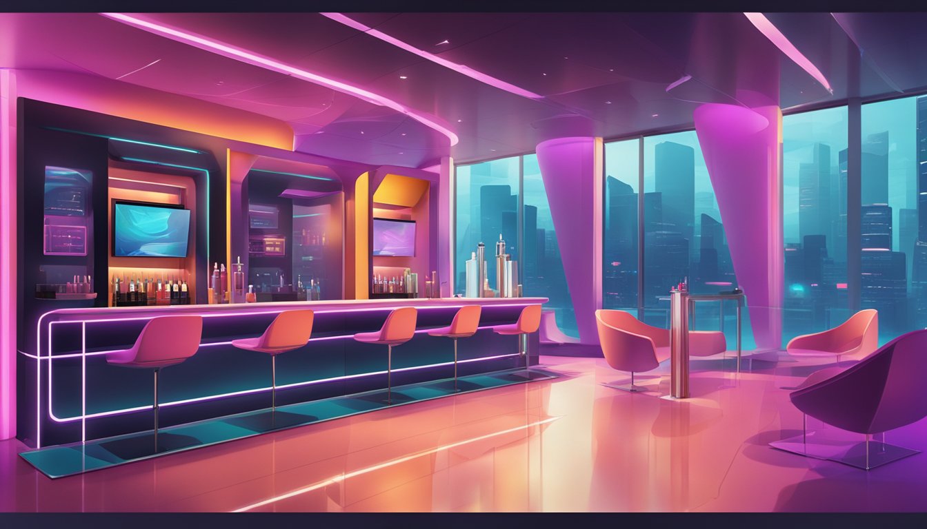 A sleek, futuristic smoking lounge with electronic cigarettes and innovative cigarette alternatives on display. Vibrant colors and modern design elements create a cutting-edge atmosphere