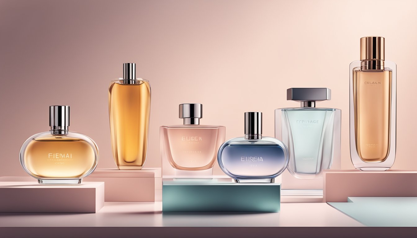 A display of modern perfume bottles in a sleek, minimalist setting, with soft lighting and trendy branding elements