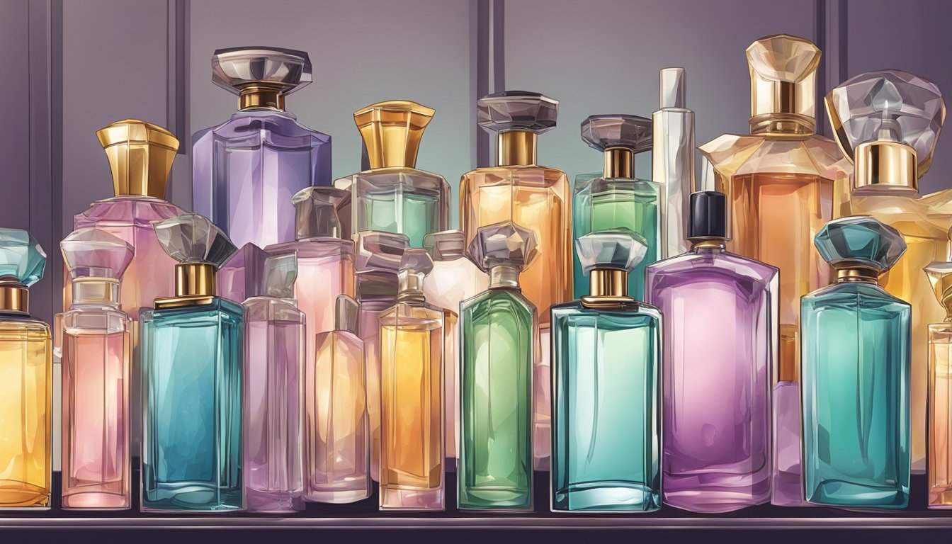 A hand reaches for various perfume bottles on a display shelf, carefully inspecting each one. The bottles are arranged neatly, with elegant labels and different colored liquids inside