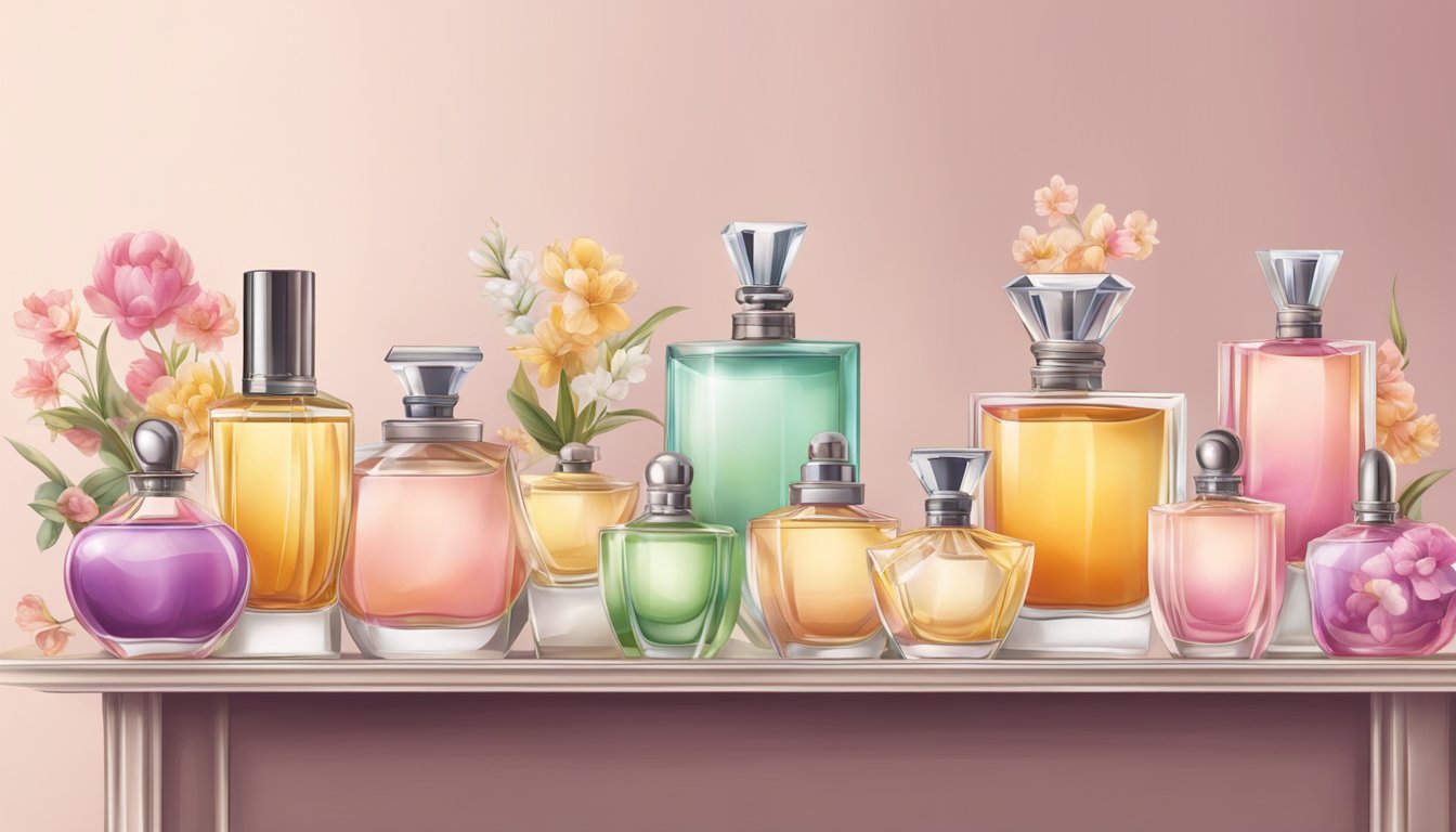 A table with various perfume bottles, each labeled with different scents. A soft, elegant backdrop with floral and fruity elements