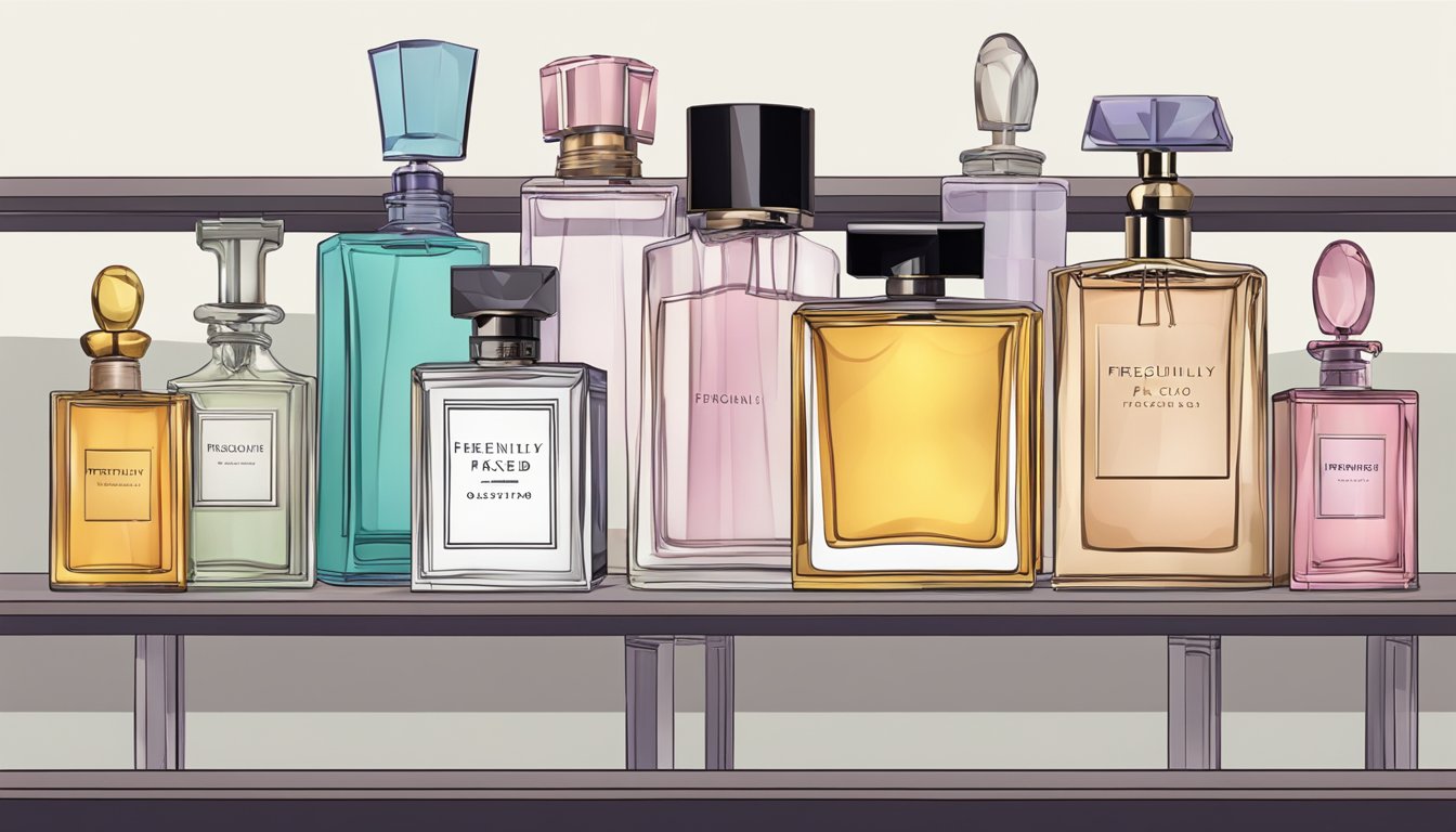 Various perfume bottles arranged on a shelf with a "Frequently Asked Questions" sign above