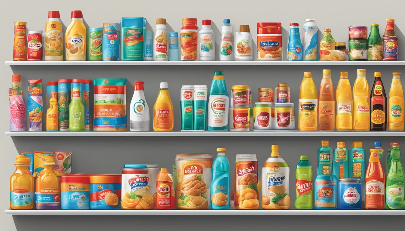 A colorful array of iconic Singapore brands displayed on shelves and billboards, showcasing their unique products and logos