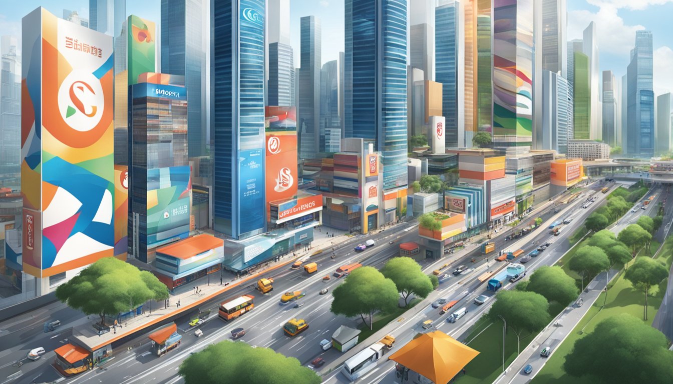 A bustling cityscape with iconic Singaporean brands' logos adorning skyscrapers and billboards, showcasing the diverse brand landscape of the city