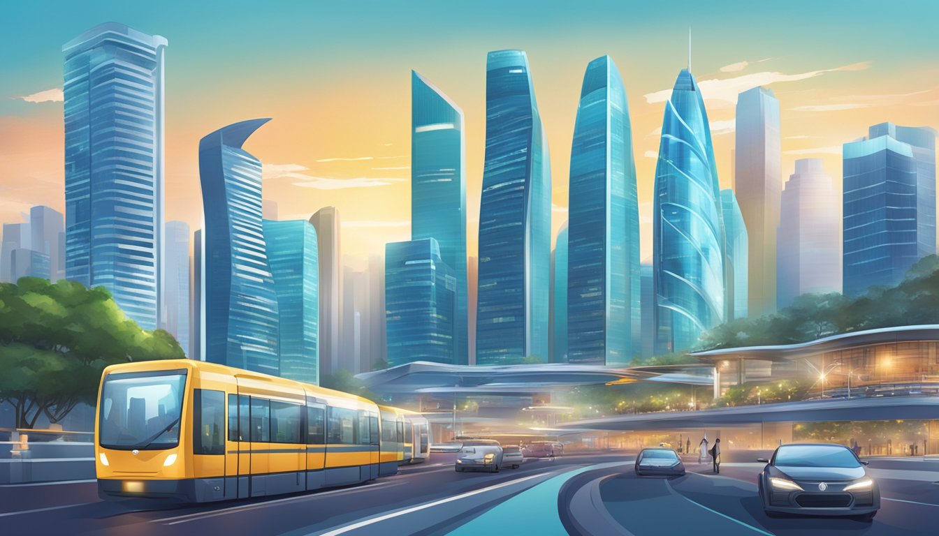 A bustling cityscape with modern skyscrapers and futuristic transportation, showcasing Singapore's innovative technology brands