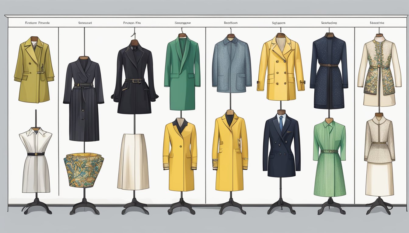 A timeline of fashion items from Singapore brands, including traditional garments and modern designs, displayed on a runway or in a fashion showroom
