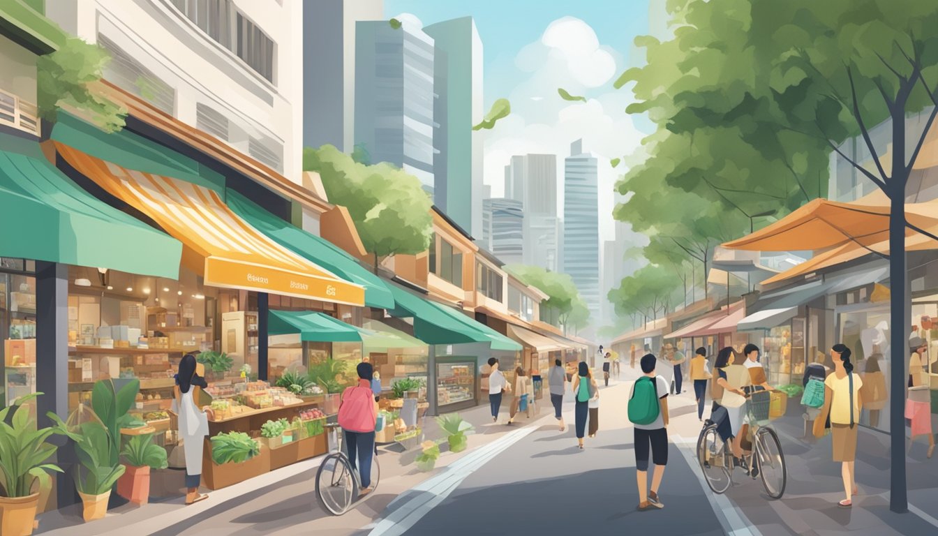A bustling Singapore street lined with eco-friendly shops and local brands promoting sustainable living