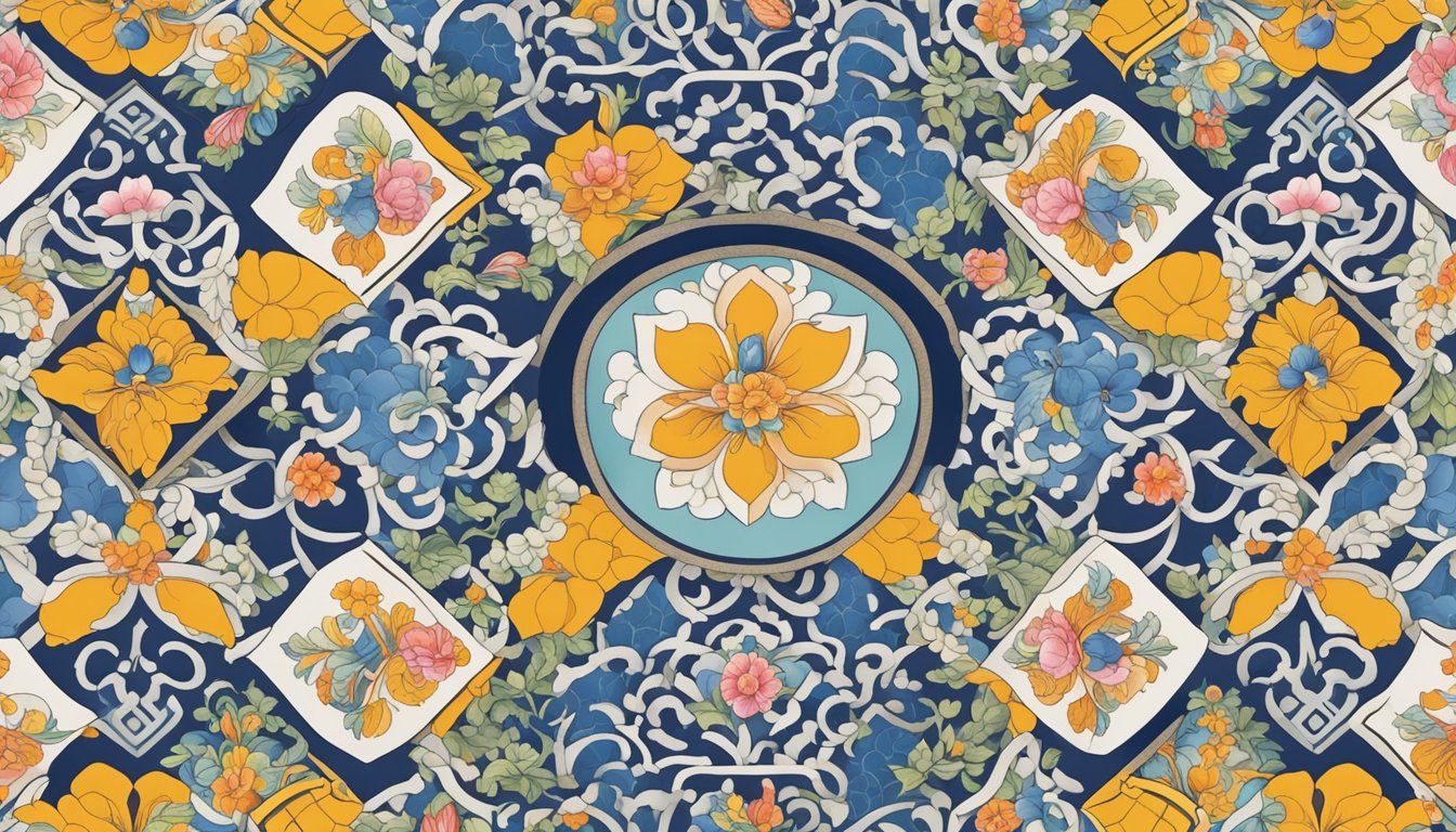 Vibrant colors and patterns of traditional Peranakan tiles, alongside intricate designs of Chinese porcelain, symbolizing the rich heritage and culture of Singapore brands
