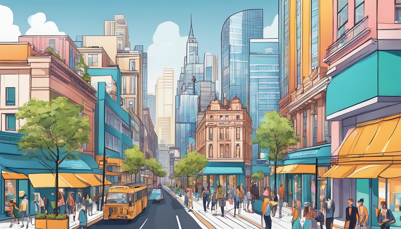 A vibrant cityscape with modern buildings and bustling streets, showcasing contemporary fashion brands' storefronts and trendy displays