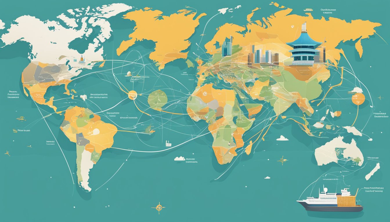 A world map with lines connecting Singapore to various international locations, showcasing global influence and partnerships of Singapore brands