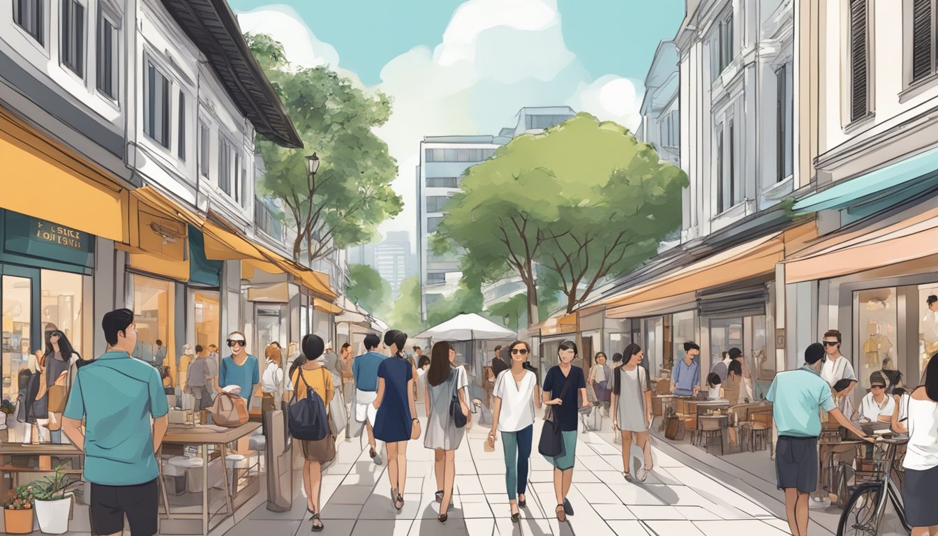 A bustling Singapore street lined with modern fashion boutiques and stylish cafes, with trendy locals and tourists browsing and sipping coffee