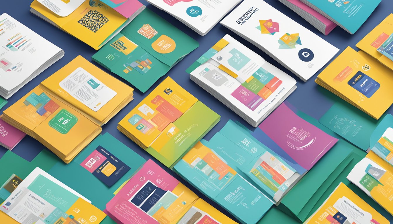 A stack of FAQ brochures with Singapore brands logos, surrounded by curious customers