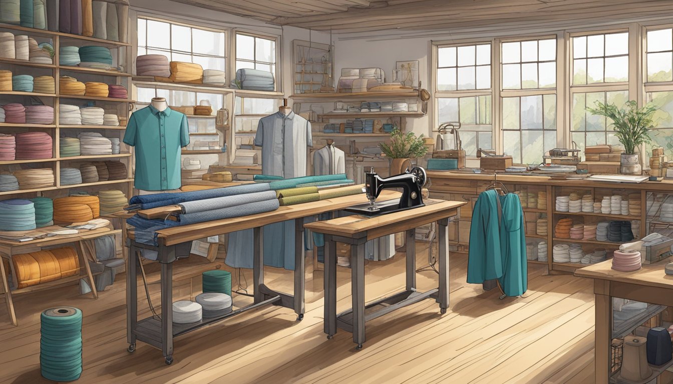 A bustling workshop with sewing machines and fabric rolls, surrounded by shelves of locally sourced materials and sketches of unique designs