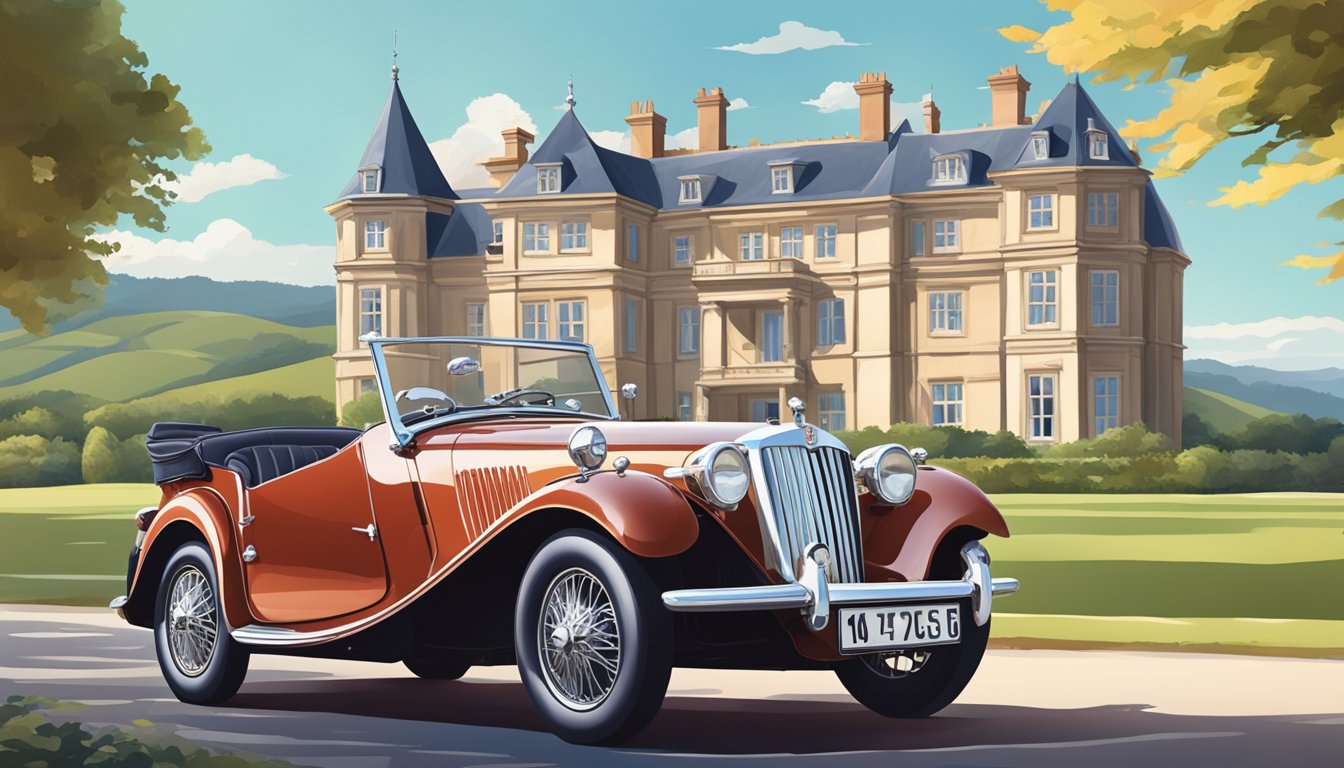A vintage MG car parked in front of a stately manor with rolling hills and a clear blue sky in the background