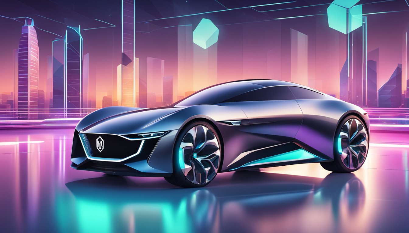 A sleek MG sports car parked in front of a futuristic technology showcase, with advanced features and cutting-edge design