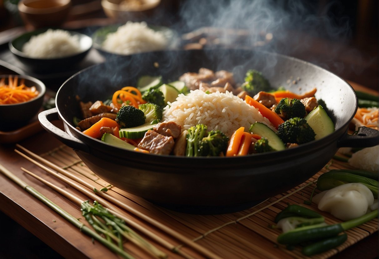 A steaming wok sizzles with stir-fried vegetables and savory meats, surrounded by bowls of rice and chopsticks on a bamboo placemat