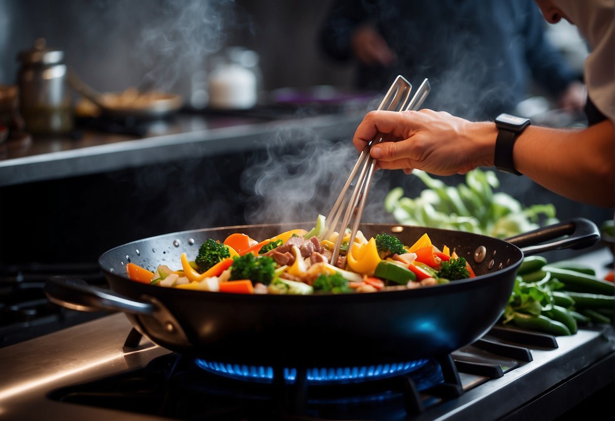 The chef expertly stir-fries a medley of colorful vegetables and succulent pieces of meat in a sizzling wok, infusing the air with the aroma of garlic, ginger, and soy sauce