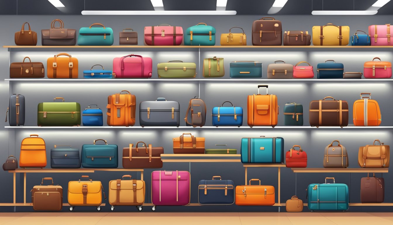 Various luggage brands displayed on shelves in a modern store. Bright lighting highlights the different sizes, colors, and styles of suitcases and travel bags