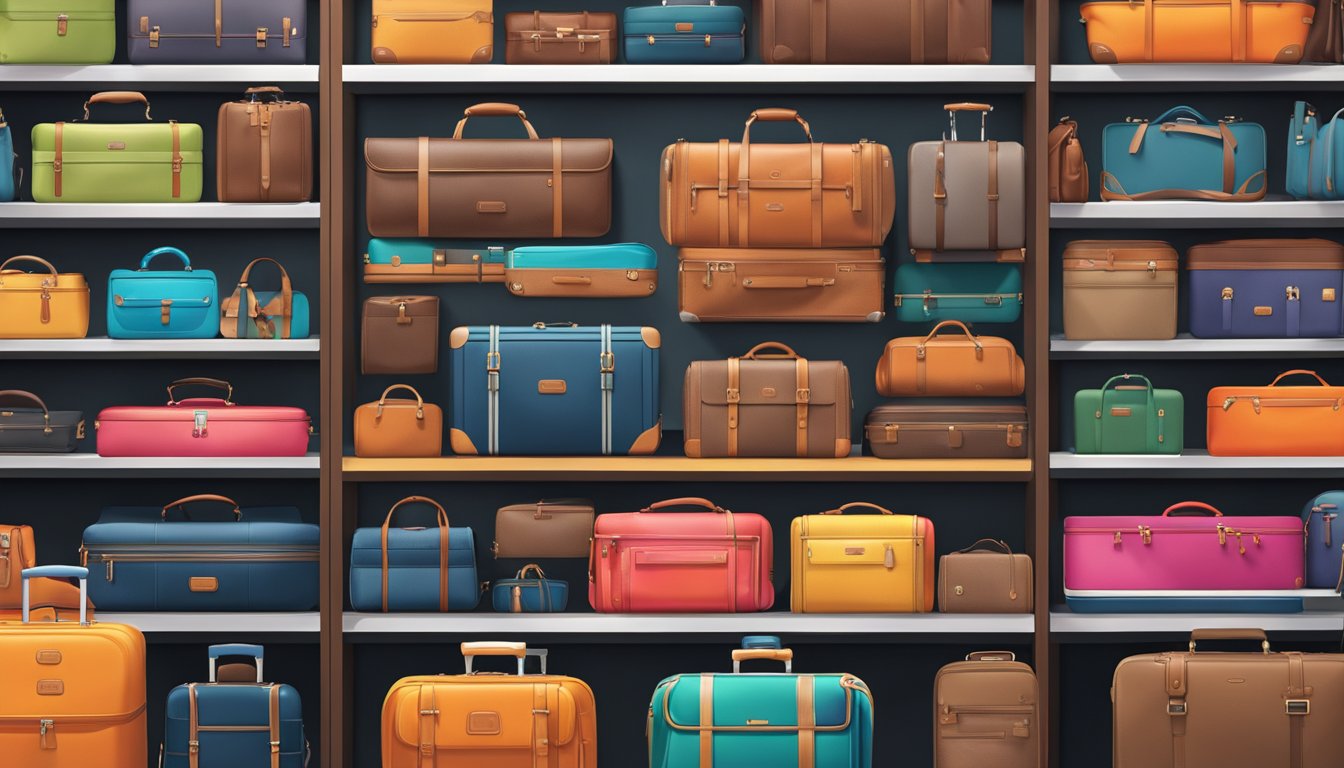 A display of top luggage brands arranged on shelves with vibrant colors and sleek designs