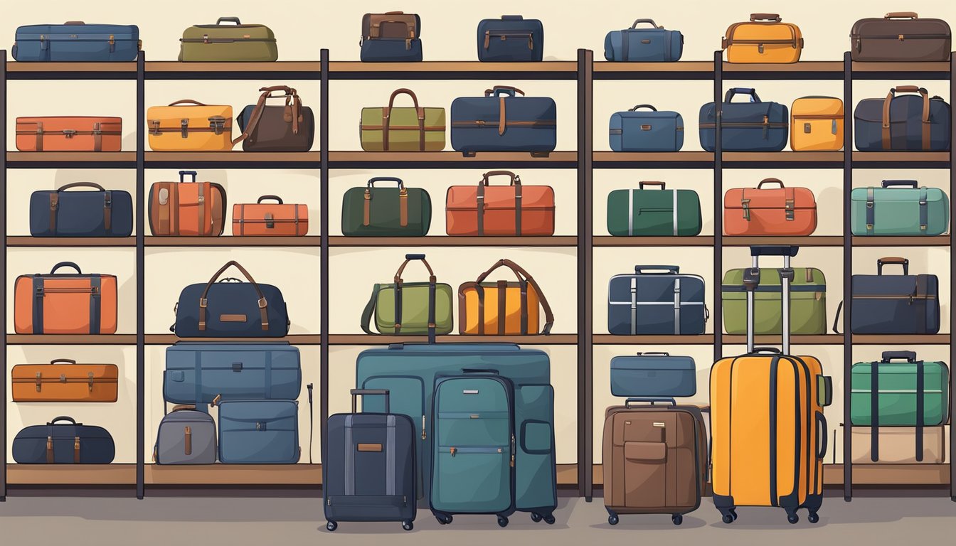 Various types of luggage from different brands are arranged neatly on display shelves in a spacious store. The luggage includes suitcases, duffel bags, backpacks, and travel accessories