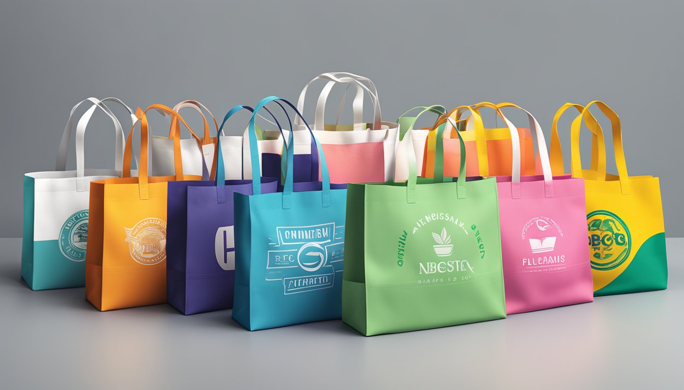 Colorful branded tote bags arranged in a neat stack, featuring various designs and logos