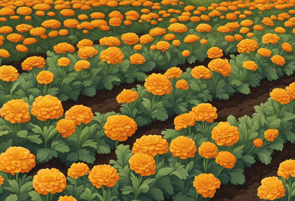 A garden bed with rows of marigolds, each plant spaced about 8-10 inches apart, with plenty of sunlight and well-drained soil