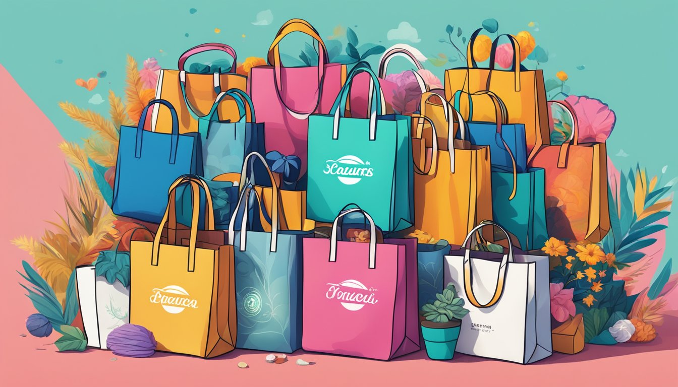 A pile of branded tote bags rises against a vibrant backdrop, showcasing their unique designs and logos