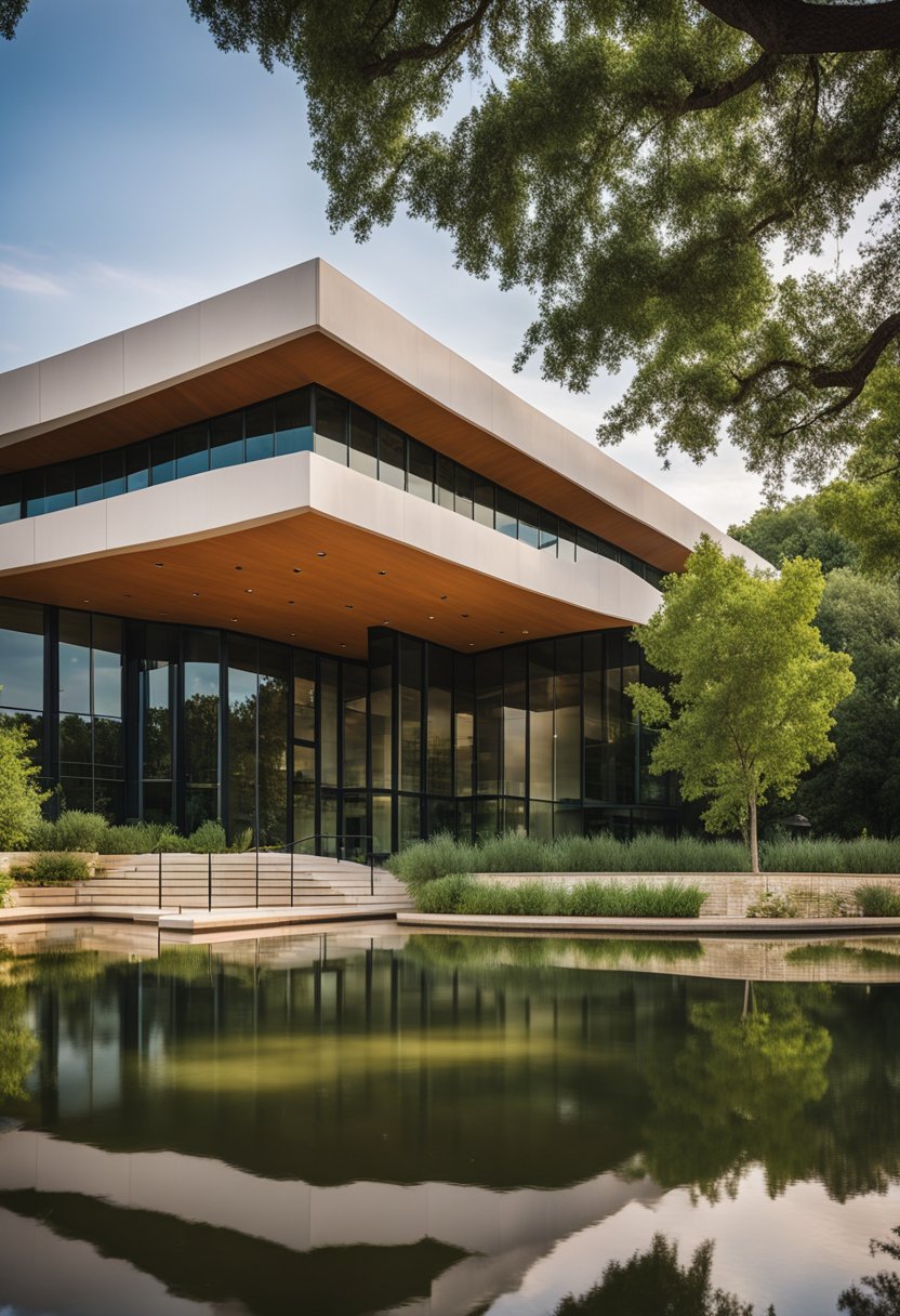 The Lee Lockwood Library and Museum in Waco features a modern building with a striking facade, surrounded by lush greenery and a peaceful reflecting pond
