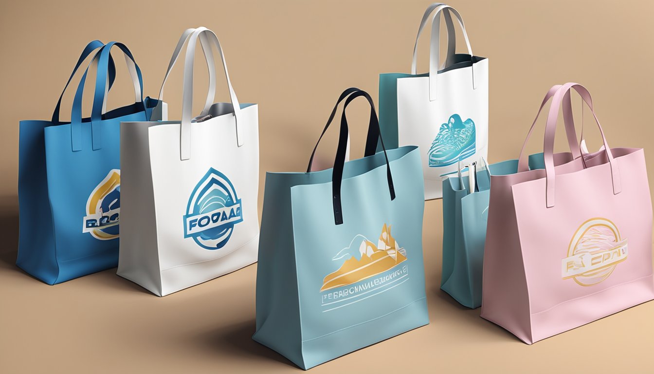 A group of branded tote bags are neatly arranged on a display table, showcasing their custom designs and logo. The bags are made of high-quality material and come in various colors, ready to be used for promotional purposes