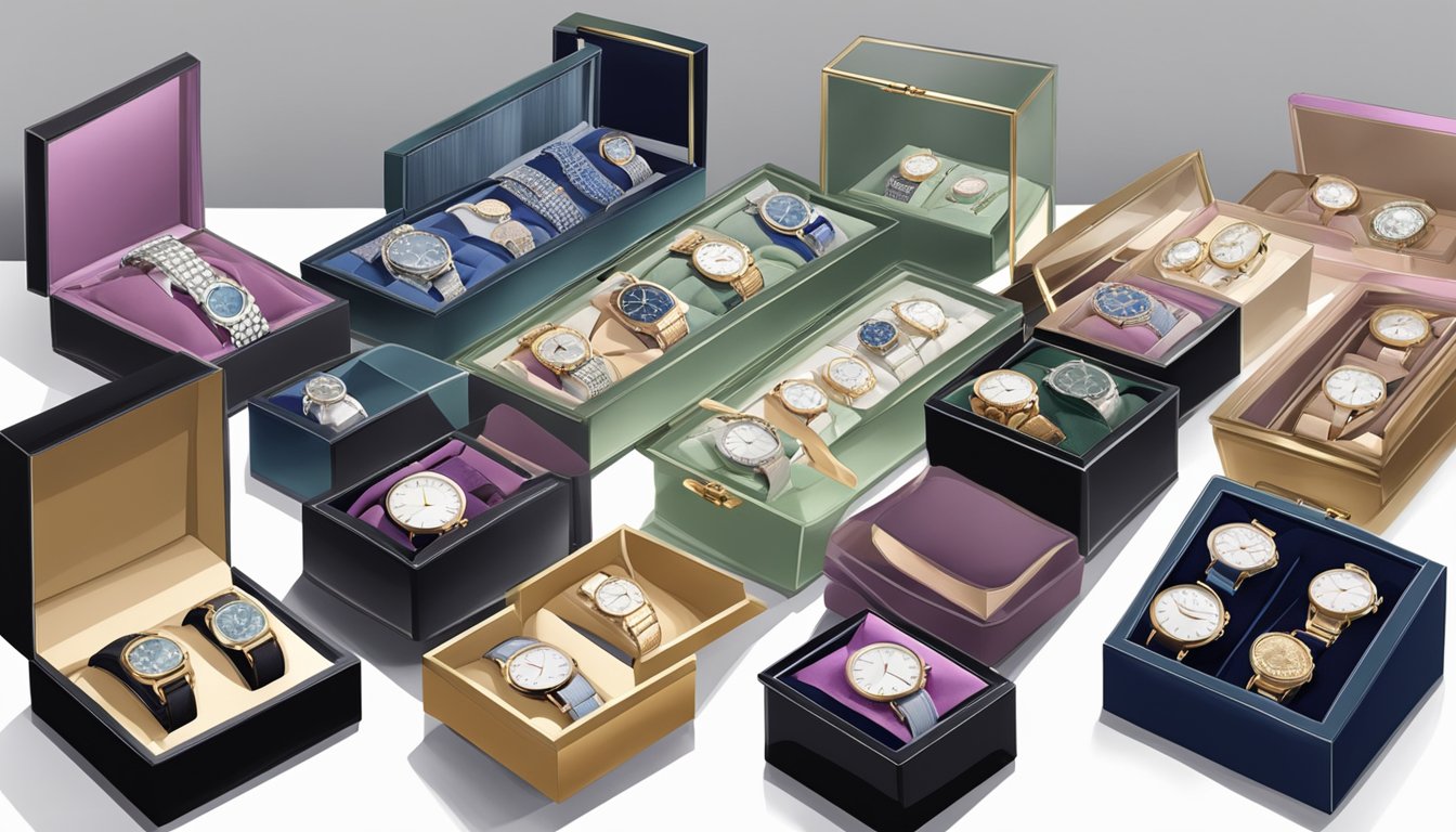 A display of elegant ladies' watch brands arranged on velvet cushions in a glass case