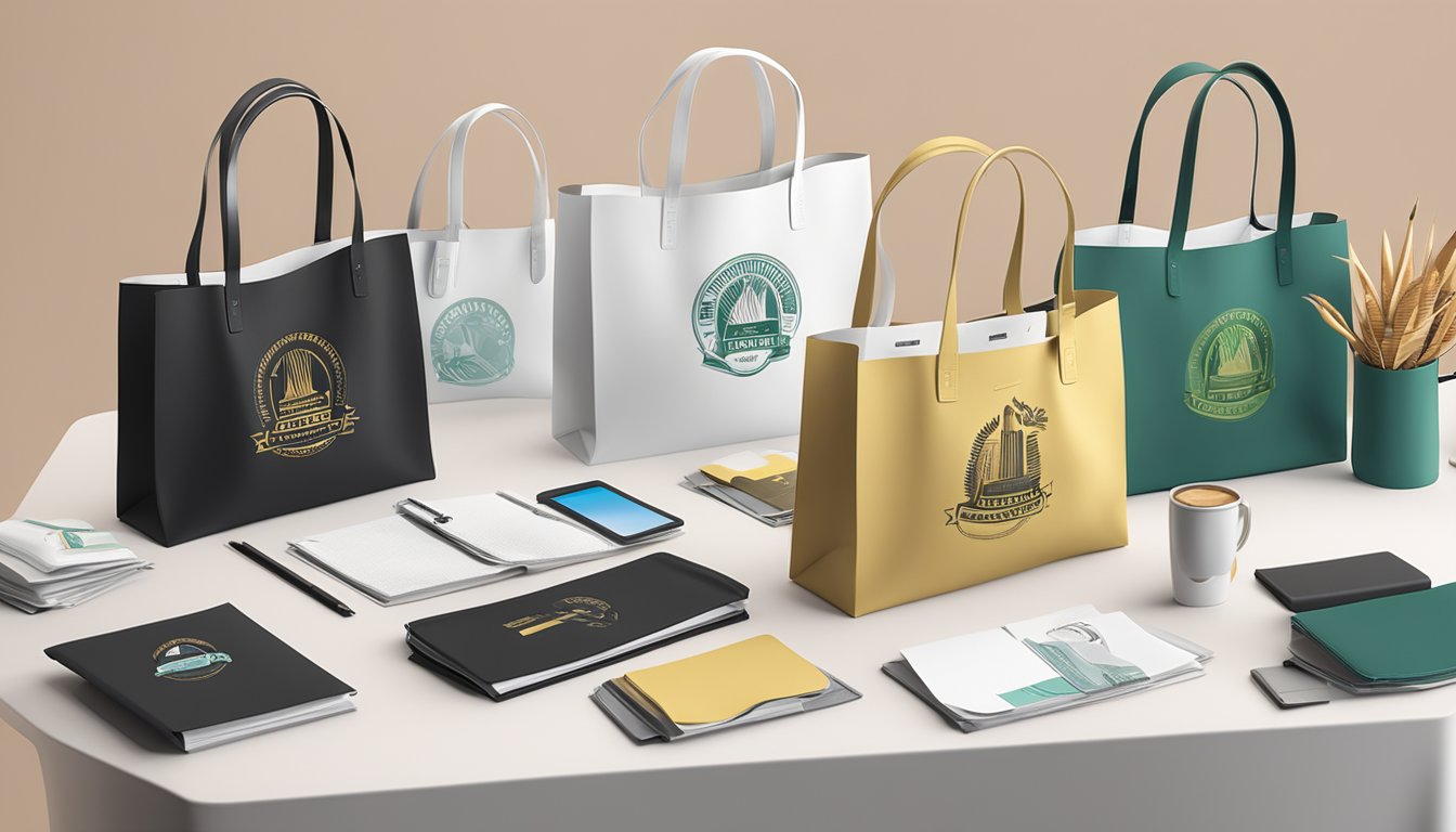 A group of branded tote bags displayed on a table at a marketing event, surrounded by promotional materials and a banner