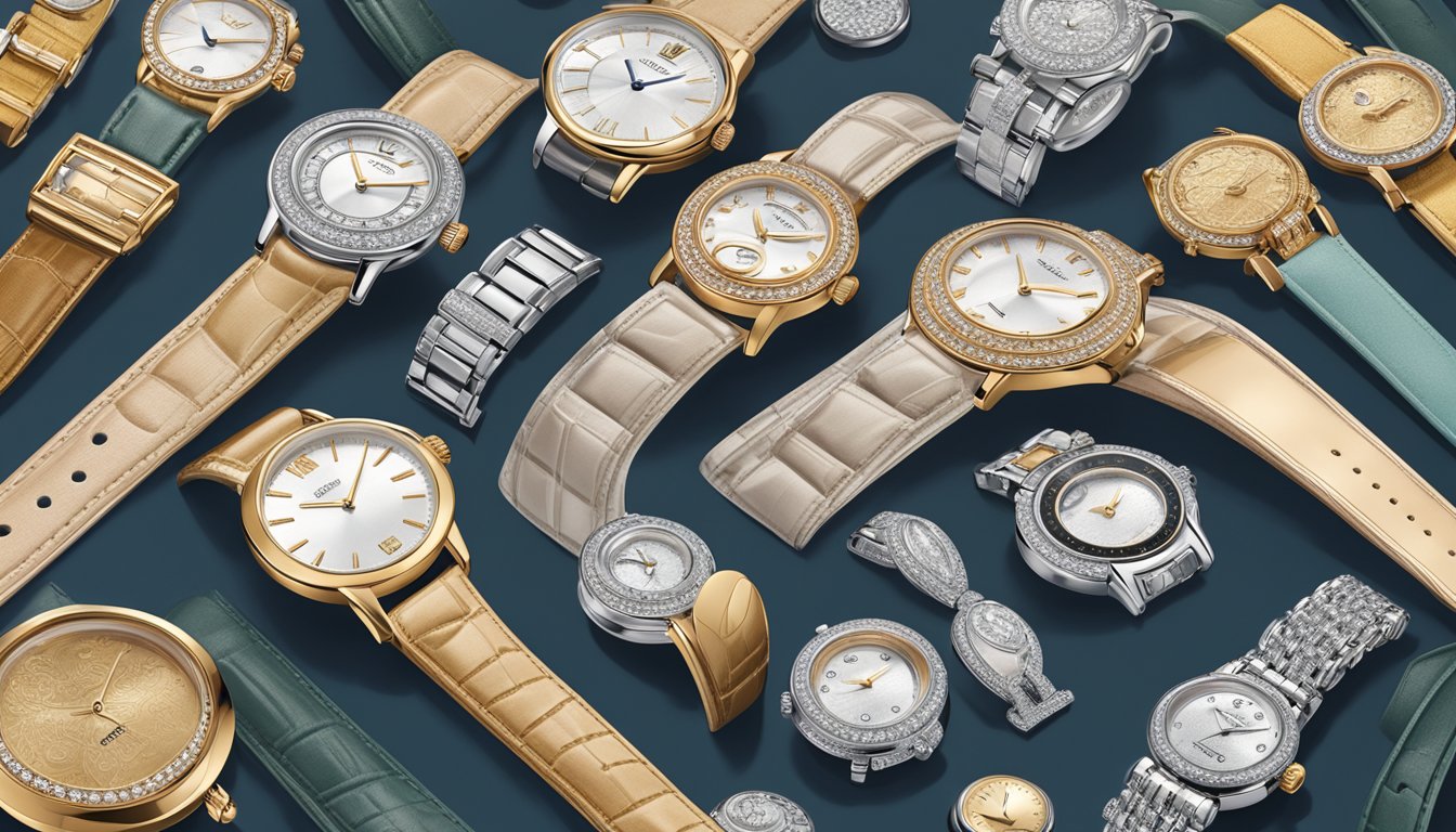 A display of iconic ladies' watch brands, showcasing elegant designs and intricate details, set against a backdrop of luxurious materials and sophisticated lighting