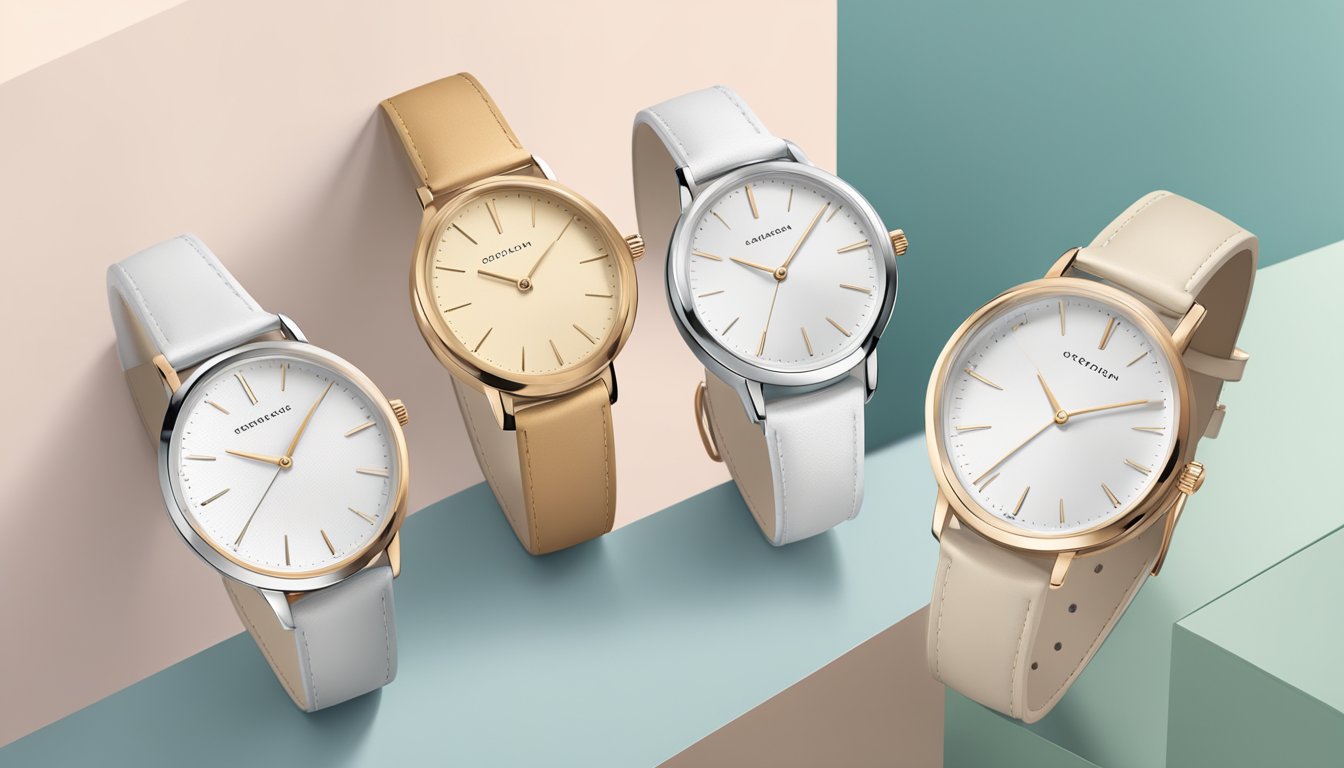 A display of sleek, minimalist ladies' watches in a contemporary setting with clean lines and modern aesthetics